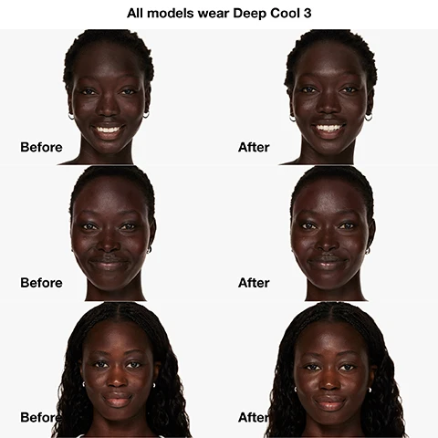Image 1 - Four portraits of women with dark skin tones, showing makeup results labeled as Before and After on each side, with the text All models wear Deep Cool 3 at the top.
              Image 2 - Two bottles of Cliniques Even Better Clinical Vitamin Makeup are displayed, one in a darker shade and the other in a lighter shade, with visible text stating 96% say skin looks more radiant and *Consumer testing on 165 women after using product for 1 week.
              Image 3 - Three circular petri dishes containing different colored powders: an orange powder labeled Vitamin E provides antioxidant defense against environmental aggressors, a yellow liquid in a clear dish labeled 5 forms of vitamin C helps brighten the look of skin, and a white powder labeled 4% vitamin B3 helps boost skins natural energy.
              Image 4 - A bottle of Clinique Even Better Clinical vitamin makeup with SPF 50 is shown against a background of yellow liquids, accompanied by bullet points detailing dermatological testing, safety for sensitive skin and eyes, and ingredients free of fragrance, oil, SLS, and SLES.