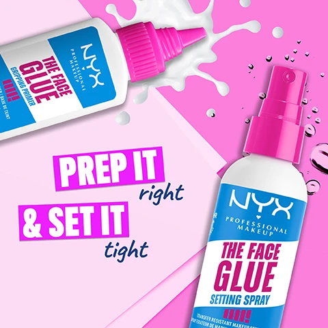 Image 1 - Image features two bottles of NYX Professional Makeup products, one labeled Face Glue and the other Face Glue Setting Spray against a pink and blue background, with text PREP IT right & SET IT tight and THE FACE GLUE visible on the image.
              Image 2 - Image of a bottle of Nyx Professional Makeup The Face Glue Setting Spray with a pink cap, featuring a larger bottle on the left and a smaller bottle on the right, along with text highlighting its features: fade-resistant, transfer-resistant, waterproof, lightweight, moisturizing, and all-day grip, and stating Up to 24hr wear.
              Image 3 - A young woman with long brown hair and makeup is spraying a setting spray from a pink bottle towards her face, with text that reads EXTEND MAKEUP UP TO 24H and numbered steps 01 Apply makeup as usual and 02 Hold 6 inches from face & lightly spritz.
              Image 4 - A smiling person holds a makeup product while applying cream to their cheek, with two bottles of NYX makeup products labeled THE FACE GLUE and SETTING SPRAY next to them, and visible text reading 1. Prime for glue level grip & soft-focus finish 2. Set for sealed makeup that doesnt move alongside a badge stating Vegan Formula and Cruelty-Free.
              Image 5 - A smiling woman with light brown hair and piercings holds makeup products, displaying four steps labeled 01 PRIME, 02 BLUR, 03 BLUSH, and 04 SET, with corresponding product names: The Face Glue Primer, Bare With Me Blur Tint Foundation, Buttercream Blush, and The Face Glue Setting Spray.
              Image 6 - A bottle of setting spray from NYX Professional Makeup labeled THE FACE GLUE with a pink cap, featuring text that states it is formulated with maple syrup and powerful film formers to glue down makeup.
              Image 7 - Three beauty products are displayed: a setting spray, a brow glue, and a gripping primer, all labeled with the NYX logo and featuring bright pink and black colors, with text that reads BASE GLUED, BROWS GLUED, everything glued! along with phrases Transfer & fade resistant, VEGAN FORMULA, CRUELTY FREE, and NO MAKEUP RETOUCHING.
              Image 8 - Image shows five bottles of NYX professional makeup setting sprays arranged in a row with colorful backgrounds; the visible text includes OUR BEST-SELLING SETTING SPRAYS and names of the sprays: THE MARSH MELLOW, MATTE FINISH FINI MAT, PLUMP FINISH FINI REPELLANT, DEWY FINISH FINI SATINE, and THE FACE GLUE.