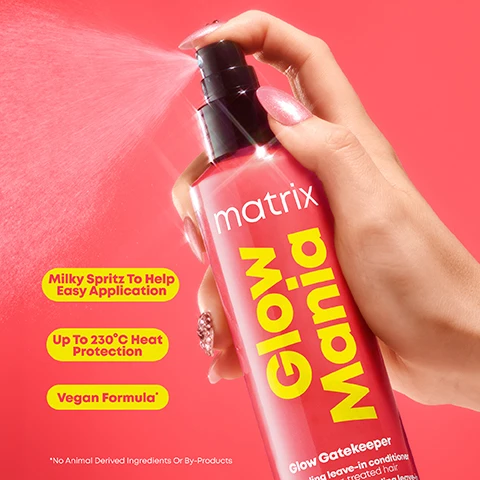 Image 2 - A hand holding a spray bottle labeled matrix Glow Mania against a bright pink background, with visible text stating Milky Spritz To Help Easy Application, Up To 230°C Heat Protection, and Vegan Formula.
              Image 3 - Image shows the back view of a persons head with curly hair, split into two sections labeled Before on the left and After on the right, both set against a pink background, with small text at the bottom stating *When Used With A System Of Shampoo, Mask And Leave-in.
              Image 4 - A split coconut with a white interior sits alongside a sliced grapefruit, a piece of grapefruit, a mango, and fresh geranium flowers, with the texts Sweet Coconut Water, Juicy Mango, Sparkling Grapefruit, and Fresh Geranium arranged around the fruits on a pink background.
              Image 5 - Image shows a flat lay of four hair care products from the Matrix Glow Mania line against a bright red background, labeled as Step 1 Shampoo & Conditioner, Step 2 Mask, and Step 3 Leave-In Conditioner, with accompanying product descriptions.
