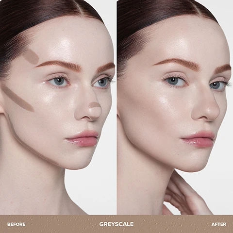 Image 1 - A split image shows a womans face with visible makeup contouring marks on her forehead, cheek, and nose on the left, and a blended, sculpted, and highlighted look on the right, with the text BEFORE GREYSCALE AFTER. Image 2 - A grid of eight headshots featuring women with diverse skin tones demonstrating various makeup concepts, surrounding a central panel, with labels including HALFTONE, GREYSCALE, SHADOW, BASETONE, SMOOTH BLUR CONTOUR, CORE SHADOW, SUBTONE, CAST SHADOW, PHANTOM SHADOW. Image 3 - Three arms with varying skin tones display swatches of nine makeup shades ranging from dark brown to light beige, labeled Phantom Shadow, Subtone, Cast Shadow, Core Shadow, Basestone, Shadow, Greyscale, and Halftone. Image 4 - The image shows four cosmetic stick products in shades from light beige to dark brown, with their tips exposed, alongside descriptive text that reads: LIGHTWEIGHT, CREAMY FORMULA WITH A DEWY, SKIN-LIKE FINISH, GEL-LIKE TEXTURE BLURS + BLENDS WITH SEAMLESS COVERAGE, and COOL TONES MIMIC SHADOW FOR NATURAL DEFINITION, with the brand name ANASTASIA BEVERLY HILLS partially visible on one stick. Image 5 - A dollop of brown makeup product is shown on a light background with text that reads: CONTOUR. DEFINE. PERFECT. Non-greasy, non-sticky + non-slip. Effortlessly blends without streaking. Vitamin E helps to moisturize. Image 6 - A woman demonstrates face contouring with brown lines applied to her forehead near the hairline and temples, tips and sides of the nose, hollows of the cheek, and chin and jawline. Image 7 - A comparison image shows a swatch of cool-toned contour cream next to a swatch of warm-toned bronzer cream, with text describing each product: CONTUR VS BRONZER, CONTUR: WHAT IT DOES Mimics the look of shadow and is used to minimize features, PLACEMENT In the hollows of the face and in areas you want to minimize or define, THE SHADES Cool-toned for a natural, shadow effect; BRONZER: WHAT IT DOES Adds warmth and a sun-kissed glow to your skin, PLACEMENT In areas where the sun would naturally hit the face, THE SHADES Warm-toned for natural, sun-kissed color. Image 8 - A split image displays a womans face with highlight and contour makeup applied on the left, and a blended, natural makeup look on the right, alongside a liquid concealer with an applicator and a makeup stick below, with the text PAIR WITH Magic Touch Concealer for natural highlight + contour with a skin-like finish.