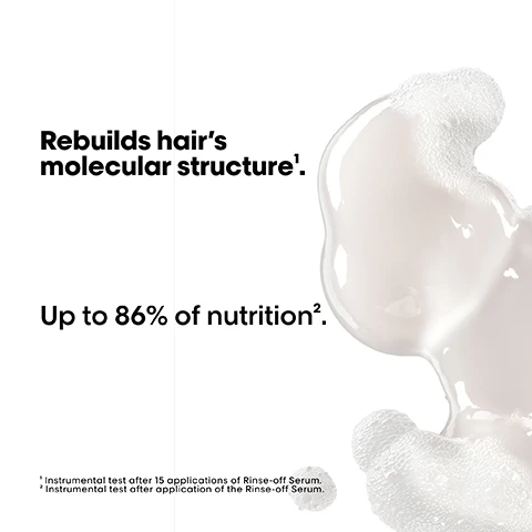 Image 1 - A creamy, white hair treatment product with a bubbly texture is shown, accompanied by the text Rebuilds hairs molecular structure and Up to 86% of nutrition, along with footnotes regarding testing results.
              Image 2 - An image of a bottle with a spout pouring liquid, with text that reads High pro performance, Up to 73% less plastic¹, and Up to 15% less price/ml².
              Image 3 - Image shows a comparison of hair transformations labeled Before and After for two different individuals, with the before images displaying textured and curly hair and the after images showing straight and smoother hair; below are bottles of hair care products, accompanied by the text The full Absolut Repair Molecular routine for all types of damaged hair. Not retouched.
              Image 4 - Image shows three hair care products by LOréal: a bottle labeled Absolut Repair Molecular Shampoo, a pump bottle labeled Absolut Repair Molecular Rinse-Off Serum, and a bottle labeled Absolut Repair Molecular Leave-In Mask, with the title The professional deep molecular repair routine above.
              Image 5 - Image showing a step-by-step guide on how to refill a shampoo bottle with three numbered steps: 01 Take your empty shampoo bottle. Do not rinse it. Unscrew the bottle & refill caps. 02 Take the refill pouch and pour it up slowly inside the bottle. 03 Screw the cap and use your shampoo as usual. Refill the bottle maximum 3 times.
              Image 6 - Image shows a close-up of colorful molecular structures with text highlighting 2% Peptides bonder + 5 Amino acids and Rebuilds hairs molecular structure, along with additional notes about the technology and benefits.
              Image 7 - Image of a hair treatment product with a brown, curly hair strand displayed on a white circular element; text on the image reads: What happens to your hair when it is damaged? Damage happens at molecular level. Peptides are composed of amino acids & bonds holding them together. When peptides break, the damage can be irreversible, until now.
              Image 8 - Image of a hair care guide with three steps on how to rebuild hairs molecular structure, showing hands applying shampoo, rinsing off serum, and using a leave-in mask, with the text: #AbsolutRepairMolecular Pro tips for your 3-step routine. Step 01 Shampoo Apply shampoo on wet hair until foam is obtained. Rinse thoroughly. Step 02 Rinse-off serum Press 2-3 pumps per section on wet hair. Distribute evenly from lengths to ends for 1-2 mins. Rinse thoroughly. Step 03 Leave-in mask Pump 1 per each section. Leave in. Blow dry or air dry.