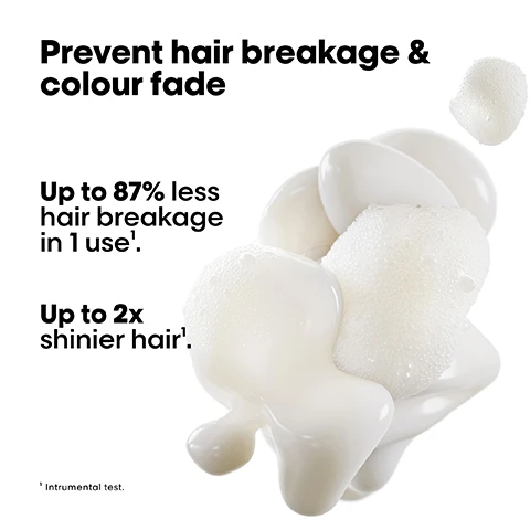 Image 1 - A white, foamy substance appears in a dynamic shape, accompanied by bold text that reads Prevent hair breakage & colour fade, Up to 87% less hair breakage in 1 use, Up to 2x shinier hair, followed by a footnote stating Instrumental test.
              Image 2 - A bottle of LOréal Professionnel Paris hair product with a pouring spout, accompanied by text stating High pro performance, Up to 73% less plastic, and Save up to 15%/ml.
              Image 3 - Image shows four hair transformations in a split image format, with two models on the top row labeled Before and After, and two models on the bottom row also labeled Before and After, along with a collection of hair care products displayed at the bottom, with the text stating The full Metal Detox routine for breakage and colour fade protection and Not retouched.
              Image 4 - Image of three hair care products from LOréal Professionnel, featuring a shampoo bottle labeled 01 Cleanse, a treatment jar labeled 02 Treat, and a styling serum labeled 03 Style, with a background of a creamy product texture and the text The anti-breakage professional routine.
              Image 5 - Image showing a step-by-step guide on how to refill shampoo, with numbered instructions: 01 Take your empty shampoo bottle. Do not rinse it. Unscrew the bottle & refill caps. 02 Take the refill pouch and pour it up slowly inside the bottle. 03 Screw the cap and use your shampoo as usual. Refill the bottle maximum 3 times.
              Image 6 - A graphic featuring flowing strands of hair with metallic particles, accompanied by the text: Did you know that wash after wash, metal penetrates inside your hair? LOREAL PROFESSIONAL PARIS #MetalDetox
              Image 7 - A close-up image of a glossy, translucent spherical object with metallic and crumpled elements inside, alongside the text: THE TECH Glicoamine Traps and neutralises metal inside the fibre.
              Image 8 - Image shows a step-by-step guide for using LOréal Metal Detox products, including a small bottle, a large pouch, and instructions indicating the process of opening, pouring, and sealing the bottle. Visible text includes LORÉAL and Metal Detox.