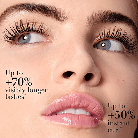 Image 1 - A close-up of a womans face displaying prominent eyelashes and a glossy lip, with text that reads Up to +70% visibly longer lashes* and Up to +50% instant curl*.
              Image 2 - A grid of six close-up images of eyes showing different eyelash types labeled as Thin lashes, Short lashes, and Long lashes with the words BEFORE above the first three images and AFTER below the last three images.
              Image 3 - A close-up of a womans eye showcasing long, defined eyelashes with a mascara wand applying product, featuring the text Up to +5mm added length* Clean definition and separation For up to 24H length & wear** superimposed on the image.
              Image 4 - A close-up image of two beauty products with a sleek design, labeled as Eye Tint and Vertigo Lift Mascara, accompanied by text that describes their benefits: STEP 1: EYE TINT The Viral eyeshadow Smokey eyes and intense colour in one stroke STEP 2: VERTIGO LIFT MASCARA Clump-Free sculpted length for up to +70% visibly longer lashes.
              Image 5 - A close-up view of an eye with long, voluminous lashes, showing a mascara wand applying product to the lashes, with visible text that says Infused with arginin amino acids and Leaves lashes feeling supple and flexible.
              Image 6 - Image shows a close-up of a black mascara brush with fine bristles, accompanied by text that reads Infinity-Loop brush grips, coats and separates each lash and clump-free sculpted length.