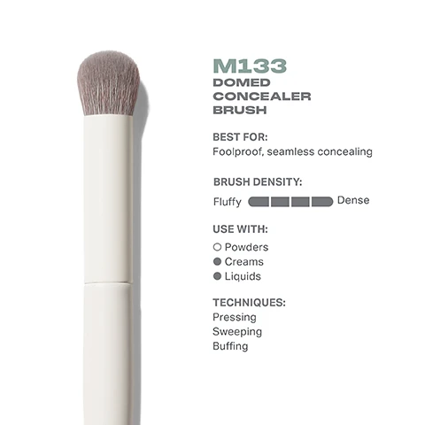 Image 3 - A domed concealer brush is displayed vertically with a fluffy gray head and a white handle, alongside text that reads M133 DOMED CONCEALER BRUSH BEST FOR: Foolproof, seamless concealing BRUSH DENSITY: Fluffy ██████ Dense USE WITH: O Powders ● Creams ● Liquids TECHNIQUES: Pressing Sweeping Buffing.
              Image 4 - Image shows a Morphe M133 Domed Concealer Brush with a round brush head in the top view and a side view displaying the length of 166mm; visible text reads 16mm and M133 Domed Concealer Brush.
              Image 5 - A close-up of a makeup brush with gray bristles and a light-colored handle, accompanied by text that states BEST-IN-BRUSH BENEFITS and describes features like silver ion technology in the bristles, durability for daily routines, and pro-perfected brush heads.
              Image 6 - Image of four different concealer brushes displayed horizontally with labels: M131 Rounded Paddle Concealer Brush, M132 Angled Concealer Brush, M133 Domed Concealer Brush, M134 Pointed Paddle Concealer Brush, with descriptions underneath each brush: Light, buildable concealing; Controlled, precision concealing; Foolproof, seamless concealing; Maximum concealer laydown.
              Image 8 - Image showing a list of five steps on how to take care of a brush, with visible text: 1 Wet bristles with warm water and a gentle cleanser. 2 Swirl bristles on the palm of your hand. 3 Rinse and repeat until water appears clear. 4 Gently squeeze out any excess moisture. 5 Reshape the bristles, then place the brush flat or upside down to air-dry. CAUTION: To avoid compromising the brush construction, do not use hot water, wet the brush ferrule, or submerge your brush in water or cleaner.