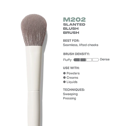 Image 4 - Image of a slanted blush brush with a fluffy bristle head and a white handle, accompanied by text that describes it as M202 Slanted Blush Brush, best for seamless, lifted cheeks, with fluffy brush density, and suitable for use with powders, creams, and liquids, along with suggested techniques of sweeping and pressing.
              Image 5 - A close-up of a makeup brush with soft bristles and a light-colored handle, alongside text that reads: BEST-IN-BRUSH BENEFITS Bristles infused with silver ion technology, known to have antibacterial benefits. Engineered to hold up to your daily routine. Designed with pro-perfected brush heads.
              Image 6 - Image of a slanted blush brush from the top view, featuring a circular brush head with dense bristles, alongside a side view showing the elongated handle; visible text includes M202 Slanted Blush Brush and measurements of 34mm and 179mm.
              Image 7 - Image shows four different blush brushes with white handles, labeled from left to right as M201 Angled Powder Blush Brush, M202 Slanted Blush Brush, M203 Tapered Powder Blush Brush, and M204 Rounded Cream & Liquid Blush Brush, with corresponding descriptions underneath: Soft, flushed cheeks; Seamless, lifted cheeks; Defined, flushed cheeks; Diffused, flushed cheeks.
              Image 8 - Image shows a text guide titled HOW TO TAKE CARE OF YOUR BRUSH with numbered steps on maintaining a brush, including wetting bristles, swirling on the palm, rinsing, squeezing out moisture, and reshaping the bristles; cautionary note at the bottom advises against using hot water or submerging the brush.