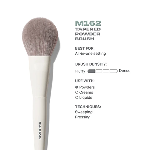 Image 3 - Image of a tapered powder brush with a fluffy bristle head resting against a white background, accompanied by product information that reads M162 TAPERED POWDER BRUSH, BEST FOR: All-in-one setting, BRUSH DENSITY: Fluffy, USE WITH: Powders, Creams, Liquids, TECHNIQUES: Sweeping, Pressing.
              Image 4 - Image shows a tapered powder brush from Morphe, with a plush brush head visible from the top and side views; the dimensions indicated are 49mm for the brush head and 199mm for the overall length, along with the text M162 Tapered Powder Brush.
              Image 5 - A close-up of a makeup brush with soft bristles, alongside text that reads best-in-brush benefits, bristles infused with silver ion technology, known to have antibacterial benefits, engineered to hold up to your daily routine, designed with pro-perfect brush heads.
              Image 6 - Image shows four different types of powder brushes with white handles and soft bristles; each brush is labeled with its type and has corresponding text: M161 Large Rounded Powder Brush, M162 Tapered Powder Brush, M163 Paddle Powder Brush, M164 Small Pointed Powder Brush, and the header reads FIND YOUR POWDER BRUSH.
              Image 7 - An instructional infographic on brush care featuring five steps: 1) Wet bristles with warm water and a gentle cleanser. 2) Swirl bristles on the palm of your hand. 3) Rinse and repeat until water appears clear. 4) Gently squeeze out any excess moisture. 5) Reshape the bristles, then place the brush flat or upside down to air-dry. The bottom includes a caution about avoiding hot water and submerging the brush.