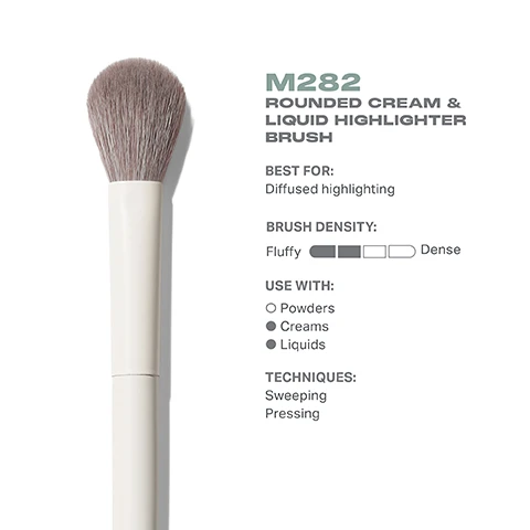 Image 3 - Image of a rounded brush labeled M282 for cream and liquid highlighter application, featuring descriptions of its best use, brush density, compatible products, and techniques including best for diffused highlighting, fluffy brush density, use with powders, creams, and liquids, and techniques of sweeping and pressing.
              Image 4 - A rounded makeup brush with a fluffy head is shown from the top and side views, labeled with dimensions of 43mm and 193mm, and includes the text M282 Rounded Cream & Liquid Highlighter Brush and MORPHE.
              Image 5 - Close-up of a makeup brush with soft bristles and a sleek handle beside text that highlights its antibacterial benefits from silver ion technology, durability for daily use, and pro-perfected brush heads.
              Image 6 - Image of four makeup brushes labeled with their names and uses: M241 Angled Powder Bronzer Brush for quick, allover bronzing; M242 Slanted Cream & Liquid Bronzer Brush for soft sculpting; M243 Slanted Cream & Liquid Contour Brush for precision contouring; M282 Rounded Cream & Liquid Highlighter Brush for diffused highlighting.
              Image 7 - Image showing a list titled HOW TO TAKE CARE OF YOUR BRUSH with five numbered steps for cleaning a brush, alongside a caution message about proper care. The steps describe wetting the bristles, swirling them, rinsing until clear, squeezing out moisture, and reshaping the bristles for air-drying. Visible text includes the cautionary note about avoiding hot water and proper cleaning methods.