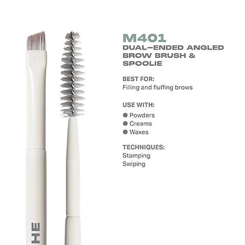 Image 3 - Image shows a dual-ended angled brow brush with a spoolie on one end, labeled M401, along with text indicating it is best for filling and fluffing brows and compatible with powders, creams, and waxes, using techniques like stamping and swiping.
              Image 4 - A dual-ended angled brow brush and spoolie in a light-colored handle, with visible measurements of 6.5mm width, 125mm length, and 20mm thickness, labeled as M401 from Morphe.
              Image 5 - Close-up of a makeup brush with soft, gray bristles and a light-colored handle, featuring text that reads BEST-IN-BRUSH BENEFITS, Bristles infused with silver ion technology, known to have antibacterial benefits, Engineered to hold up to your daily routine, Designed with pro-perfected brush heads.
              Image 6 - Image of two dual-ended brow brushes labeled M401 and M402, with M401 featuring an angled brush and spoolie for filling and fluffing brows, while M402 has a precision brush and comb for precisely filling and laminating brows, with the heading FIND YOUR BROW BRUSH at the top.
              Image 7 - Image shows a instructional graphic titled HOW TO TAKE CARE OF YOUR BRUSH with five numbered steps outlining the cleaning process for a brush, followed by a caution statement about not using hot water or submerging the brush.