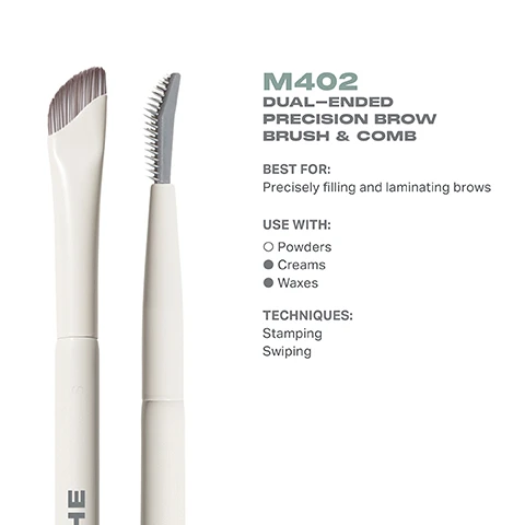 Image 3 - A dual-ended brow brush and comb labeled M402, with one end featuring a flat brush and the other a comb, alongside text describing its uses for filling and laminating brows, recommended products, and techniques.
              Image 4 - A dual-ended precision brow brush and comb with a tapered brush head on one end and a comb on the other, alongside dimensions indicating a length of 130mm and a brush width of 4mm, with the text M402 and Morphe visible.
              Image 5 - A makeup brush with densely packed bristles is displayed, accompanied by text highlighting its antibacterial silver ion technology, durability for daily use, and pro-perfected brush heads.
              Image 6 - Image of two dual-ended brow brushes labeled M401 and M402, with descriptions for each brush; M401 labeled as Dual-Ended Angled Brow Brush & Spoolie for filling and fluffing brows, and M402 labeled as Dual-Ended Precision Brow Brush & Comb for precisely filling and laminating brows, with the heading Find Your Brow Brush.
              Image 7 - An infographic titled HOW TO TAKE CARE OF YOUR BRUSH featuring five numbered steps for brush care and a caution note at the bottom, with instructions including wetting bristles, swirling on the palm, rinsing, squeezing out moisture, and reshaping the bristles before air-drying. The caution states not to use hot water or submerge the brush in water or cleaner.