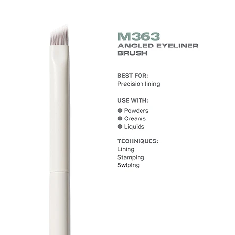 Image 3 - Image of an angled eyeliner brush labeled M363, with accompanying text that reads BEST FOR: Precision lining USE WITH: Powders, Creams, Liquids TECHNIQUES: Lining, Stamping, Swiping.
              Image 4 - Image depicts an angled eyeliner brush with a top view showing the bristles and a side view highlighting its length of 155mm and width of 7.5mm, labeled as M363 by Morphe.
              Image 5 - A close-up image of a brush with a white handle and soft, gray bristles, accompanied by text that reads BEST-IN-BRUSH BENEFITS Bristles infused with silver ion technology, known to have antibacterial benefits. Engineered to hold up to your daily routine. Designed with pro-perfected brush heads.
              Image 6 - Image shows four makeup brushes labeled as M362 Pointed Eyeliner Brush, M363 Angled Eyeliner Brush, M382 Detail Smudger Eye Brush, and M383 Pointed Detail Eye Brush, with descriptive text below each brush indicating their purposes: Controlled, foolproof lining, Precision lining, Smudging out lash lines, and Defining corners and brow bones, along with the title FIND YOUR EYE DETAILER BRUSH at the top.
              Image 7 - Image showing a list titled HOW TO TAKE CARE OF YOUR BRUSH with five numbered steps detailing brush care instructions, and a caution note at the bottom. The visible text includes step-by-step guides and a caution about avoiding hot water and submerging the brush.