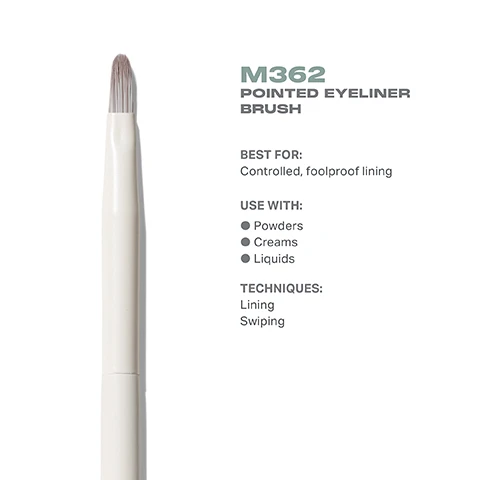Image 4 - Image shows a pointed eyeliner brush with a white handle, accompanied by text that explains its best use for controlled foolproof lining, compatibility with powders, creams, and liquids, and techniques of lining and swiping.
              Image 5 - Image of a Morphe M362 pointed eyeliner brush shown from the top view and side view, with dimensions indicating the brush head is 8mm wide and the total length is 158mm.
              Image 6 - Close-up of a makeup brush with soft, grey bristles and a white handle, accompanied by text highlighting its antibacterial properties, durability for daily use, and pro-perfect brush head design.
              Image 7 - Image shows four makeup brushes labeled with their specific uses, including a pointed eyeliner brush, an angled eyeliner brush, a detail smudger eye brush, and a pointed detail eye brush, with accompanying text describing their functions: controlled, foolproof lining; precision lining; smudging out lash lines; and defining corners and brow bones.
              Image 8 - Image shows a step-by-step guide on hairbrush care with five numbered instructions and a caution note at the bottom: 1 Wet bristles with warm water and a gentle cleanser. 2 Swirl bristles on the palm of your hand. 3 Rinse and repeat until water appears clear. 4 Gently squeeze out any excess moisture. 5 Reshape the bristles, then place the brush flat or upside down to air-dry. CAUTION: To avoid compromising the brush construction, do not use hot water, wet the brush ferrule, or submerge your brush in water or cleaner.