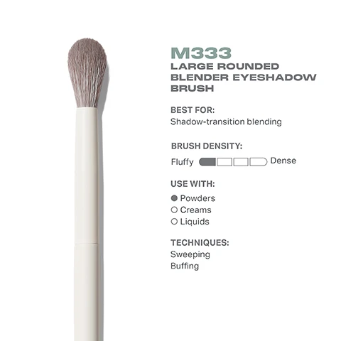 Image 1 - Image of a large rounded eyeshadow blending brush labeled M333, showing the brushs fluffy density and text indicating it is best for shadow-transition blending, suitable for use with powders, creams, and liquids, with recommended techniques of sweeping and buffing.
              Image 2 - Image shows a large rounded blender eyeshadow brush from Morphe, displayed in top and side views with its measurements of 21mm and 171mm respectively. Visible text includes M3333, Large Rounded Blender Eyeshadow Brush, and MORPHE.
              Image 3 - A close-up image of a makeup brush with soft, gray bristles in a white handle, featuring text that reads BEST-IN-BRUSH BENEFITS, Bristles infused with silver ion technology, known to have antibacterial benefits, Engineered to hold up to your daily routine, Designed with pro-perfected brush heads.
              Image 4 - Image of three eyeshadow blending brushes labeled M331, M332, and M333 with descriptions for each brushs use, above the text “FIND YOUR EYESHADOW BLENDER BRUSH.”
              Image 5 - Image shows a list titled HOW TO TAKE CARE OF YOUR BRUSH with five steps outlining the brush care process, followed by a caution note about avoiding hot water and submerging the brush, which states: CAUTION: To avoid compromising the brush construction, do not use hot water, wet the brush ferrule, or submerge your brush in water or cleaner.