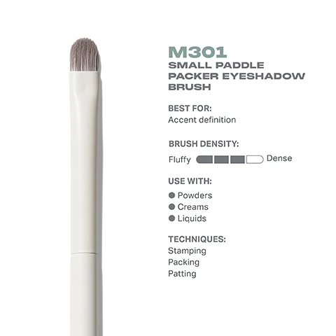 Image 3 - Image of a small paddle packer eyeshadow brush with a textured grey tip and a white handle, accompanied by text that describes it as the M301 Small Paddle Packer Eyeshadow Brush, stating it is best for accent definition, has a brush density scale indicating it is fluffy, and mentions it can be used with powders, creams, and liquids, along with suggested techniques of stamping, packing, and patting.
              Image 4 - Image shows a small paddle eyeshadow brush from Morphe, viewed from the top and side; dimensions are labeled as 8mm width and 158mm length, with the text M301 Small Paddle Packer Eyeshadow Brush visible.
              Image 5 - Image of a cosmetic brush with soft, grey bristles in a sleek holder, alongside text that reads: BEST-IN-BRUSH BENEFITS Bristles infused with silver ion technology, known to have antibacterial benefits. Engineered to hold up to your daily routine. Designed with pro-perfectedd brush heads.
              Image 6 - Image shows three eyeshadow brushes labeled M301, M302, and M303 with descriptions for each: Small Paddle Packer Eyeshadow Brush, Medium Paddle Packer Eyeshadow Brush, and Large Paddle Packer Eyeshadow Brush, along with text stating Find Your Eyeshadow Packer Brush and the brush features as Accent definition, High-impact definition, and Quick, allover application.
              Image 7 - Image showing step-by-step instructions on how to take care of a brush, with numbered steps detailing the cleaning process, and a caution note at the bottom regarding proper care to avoid compromising the brush construction.