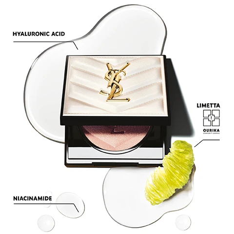 Image 1 - An open makeup compact with a gold YSL logo on a textured cream surface contains a peach-hued powder, surrounded by droplets of clear and white liquid, and a green, spiral-shaped garnish, with labels for hyaluronic acid, niacinamide, and limetta.
              Image 2 - A close-up image of textured paint swatches in three shades: a light pink labeled Libertine Light, a muted peach labeled Hypnotic Honey, and a rosy tone labeled Rosy Sand.