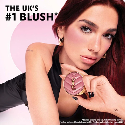 Image 1 - A woman with reddish-brown hair and rosy cheeks holds a pink YSL blush compact, with text reading THE UKS #1 BLUSH*, ANGEL on her shoulder, and * Source: Circana (UK) Ltd, Retail Tracking Service, Prestige Makeup Blush Subsegment by Product Value Sales, Jan - Aug 2025. Image 2 - Twelve diagonal swatches of powdered makeup in various shades are displayed with text reading 54 Berry Bang, 57 Coral Clash, 12 Nocturnal Nude, 37 Peachy Nude, 69 Lavender Lust, 44 Nude Lavalliere, 87 Pink Voltage, 06 Rose Haze, 42 Babydoll Pink, 24 Suave Sunstone, 83 Spicy Berry, 93 Restless Rose. Image 3 - Two round YSL makeup compacts with quilted lavender-pink lids and gold logos, one open revealing blush and one closed, are displayed on a white background with large pink textured 24H lettering, and the text ALL DAY LONG, WATER PROOF, SWEAT PROOF, *CONSUMER TEST ON 100 WOMEN.