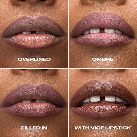 Image 1 - A close-up of four different lip makeup styles displayed in a grid format: the top left shows overlined lips, the top right shows ombre lips, the bottom left shows filled-in lips, and the bottom right shows lips with Vice lipstick, with visible text labels for each style.
              Image 2 - Image of three makeup pencils with a pink background, featuring text that reads WHY YOULL LOVE IT SHADE, SHAPE, AND DEFINE followed by checkmarks for SMOOTH GLIDE APPLICATION, TRANSFER-RESISTANT, and WATERPROOF.
