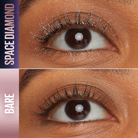 Image 1 - The image shows two close-up views of an eye; the top eye has enhanced eyelashes with a sparkly effect labeled SPACE DIAMOND, while the bottom eye has natural, bare eyelashes labeled BARE.
              Image 2 - A close-up of an eye with sparkly mascara applied to the eyelashes, as a clear applicator brush is used to coat the lashes, with visible text that reads SPARKLE TOP COAT.
              Image 3 - Image shows a pink, spiky mascara brush positioned above a cityscape viewed from space, with the text FLEX TOWER BRUSH displayed boldly above the brush.
              Image 4 - A woman with long, straight hair and glossy lips gazes upward, wearing a shiny silver collar and surrounded by a starry background, with text beside her that reads LIMITLESS DIMENSION + SPARKLE, WEIGHTLESS LASH FEEL, and FLEX TOWER BRUSH.