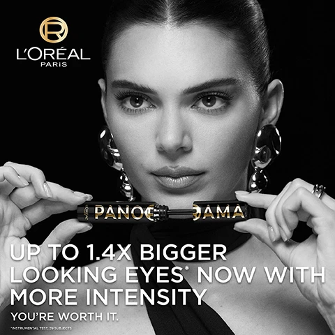 Image 1 - A woman with long dark hair and bold makeup is holding a mascara tube in front of her face, with oversized earrings and a black top, accompanied by the text UP TO 1.4X BIGGER LOOKING EYES* NOW WITH MORE INTENSITY YOURE WORTH IT. The logo for LOréal Paris is in the top left corner.
              Image 2 - A close-up of a black mascara tube labeled PANORAMA with gold accents, featuring the text LONG WEAR POLYMER INFUSED FORMULA, UP TO 24H WEAR, and INFUSED WITH ULTRA BLACK PIGMENTS.
              Image 3 - A close-up of a woman with sleek hair and bold gold earrings, looking slightly upwards, accompanied by text that reads: CORNER-TO-CORNER PANORAMIC VOLUME, UP TO 24H WEAR*, FANDED OUT LASHES, CLUMP FREE, SMUDGE RESISTANT.
              Image 4 - Image shows a side-by-side comparison of a womans eye before and after applying mascara, with the left labeled as BEFORE and the right as AFTER; above the images, there is text that reads FOR ALL LASH TYPES, UP TO 1.4X BIGGER-LOOKING EYES*, UP TO 24H WEAR**.
              Image 5 - A mascara wand is shown above a rippling surface, with text stating ENRICHED WITH 5% STRETCHFLEX COMPLEX, ULTRA FLEXIBLE FORMULA, and WRAPS EACH LASH FOR PERFECTLY SEPARATED, CLUMP FREE VOLUME.
              Image 6 - Image shows two mascara products labeled Panorama All Night Black and Panorama Classic, with the All Night Black product featuring a mascara wand; visible text includes UP TO 24H BLACK INTENSITY FOR ALL NIGHT LONG and UP TO 1.4X BIGGER LOOKING EYES.
              Image 7 - Image shows a close-up of a black multi-level bristle brush for makeup application with short and long bristles designed to volumise and fan the lashes, along with the text: MULTI-LEVEL BRISTLE BRUSH, SHORT & LONG BRISTLES TO VOLUMISE & FAN THE LASHES.
              Image 8 - A close-up of a woman applying mascara, with text stating TESTED UNDER OPHTHALMOLOGICAL CONTROL, SUITABLE FOR SENSITIVE EYES, and SUITABLE FOR CONTACT LENS WEARERS.
              Image 9 - Image shows a promotional graphic for LOréal Paris cosmetics featuring a black mascara tube labeled Panorama All Night Black and a gold eyeliner pencil labeled Bronze Blaze, with the text Get bigger & more intense looking eyes.