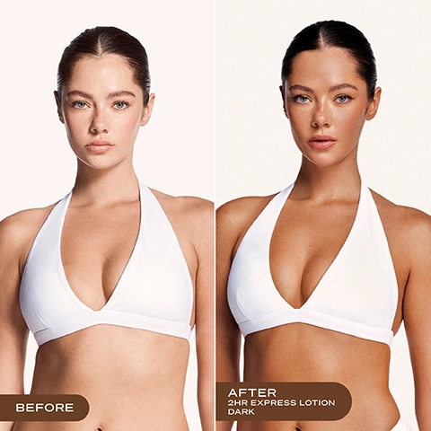Image 2 - A woman in a white bikini top is shown before and after using a self-tanner, with text reading BEFORE on the left and AFTER 2HR EXPRESS LOTION DARK on the right, displaying significantly darker, tanned skin. Image 3 - The image shows a side-by-side comparison of two pink self-tanning lotion pump bottles, an older design with a clear bottle and pink and black label on the left, and a newer solid pink bottle on the right, separated by an arrow, with accompanying text reading: New Look, Same Iconic Formula, Your favourite self-tan has an elevated new look - but with the same bestselling formula you know and love, Loving Tan ANTIOXIDANTS + VITAMIN E 2 HR EXPRESS TANNING LOTION ULTRA-HYDRATING DERMATOLOGIST TESTED, You may receive either package during this transformation, Loving Tan 2 HR Express Self-Tanning Lotion Lotion Autobronzante Selbstbräunungslotion DARK PROFESSIONAL STRENGTH FOR THE MOST NATURAL-LOOKING TAN. Image 4 - A close-up of a flowing brown substance with white text that reads TINTED COLOUR GUIDE. Tinted formula for an effortless, streak-free application. After rinsing, the clear actives continue to develop into your most natural-looking tan. Image 5 - A woman in a pink sports bra holds a pink bottle of Loving Tan 2 HR Express Self-Tanning Mousse 120 ml / 4 fl oz against her back, with overlay text that reads SKINCARE-INFUSED TANNING PERFECT FOR A YEAR-ROUND GLOW, and a stamp stating PROUDLY AUSTRALIAN MADE. Image 6 - A pink Loving Tan 2 HR Express Self-Tanning Lotion (Lotion Autobronzante) bottle with a pump dispenser showing dark brown product, highlighted with text including Professional strength, 100% Ecocert naturally derived DHA, Enriched with antioxidants, vitamin E + shea butter, Ultra hydrating formula, and Dermatologist tested. Image 7 - A woman with tanned skin is shown from the back, looking over her left shoulder, next to text that reads: Clinically Proven Results, 95% Saw an increase in skin hydration, 95% Said this product was great for all skin types, 91% Said they looked radiant and bronzed after use, *Based on a clinical trial of 22 participants immediately after the first application. Image 8 - An infographic titled Tanning Time shows a clock graphic indicating 2 HRS Rinse off and 24 HRS Tan development, with additional text stating RINSE AFTER 2 HOURS, DARKENS/DEVELOPS INTO FINAL RESULT IN 24 HOURS, and After rinsing off the tinted colour guide, your colour continues to darken and develop for up to 24 hours into your final, natural-looking tan.