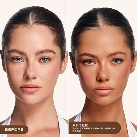 Image 2 - A split image showing a womans face, on the left her natural fair skin with the text BEFORE, and on the right her skin is significantly darker and tanned with the text AFTER 2HR EXPRESS FACE SERUM DARK. Image 3 - The image shows two bottles of Loving Tan Face Tanning Serum, the left bottle being white with a pink label and silver accents, and the right bottle being entirely pink, connected by an arrow indicating a packaging change, with visible text reading New Look, Same Iconic Formula, Your favourite self-tan has an elevated new look - but with the same bestselling formula you know and love; the old package on the left includes Loving Tan, HYALURONIC ACID + B5, 2 HR EXPRESS, FACE TANNING SERUM, DERMATOLOGIST TESTED, SÉRUM BRONZANT POUR LE VISAGE, GESICHTSBRÄUNUNGSSERUM, DARK, e 30 mL / 1 fl oz; the new package on the right includes Loving Tan, 2 HR Express, Face Self-Tanning Serum, Sérum Bronzant Pour Le Visage, Gesichtsbräunungsserum, PROFESSIONAL STRENGTH, FOR THE MOST NATURAL-LOOKING TAN, DARK with three circles, e 30 ML / 1.0 FL OZ; and at the bottom of the image, You may receive either package during this transformation. Image 4 - White text on a brown background over abstract brown and white reflective shapes reads TINTED COLOUR GUIDE Tinted formula for an effortless, streak-free application. After rinsing, the clear actives continue to develop into your most natural-looking tan. Image 5 - A woman with a glowing tan holds a pink bottle of Loving Tan 2 HR Express Face Self-Tanning Mousse Medium, next to text that reads Skincare-Infused Tanning, Designed for Face + Décolletage, and Proudly Australian Made. Image 6 - A pink pump bottle of Loving Tan 2 HR Express Face Self-Tanning Serum, Sérum Bronzant Pour Le Visage, Gesichtsbräunungsserum, PROFESSIONAL STRENGTH, FOR THE MOST NATURAL-LOOKING TAN, DARK, e 30 mL 1.0 FL.OZ, is surrounded by a swirl of dark brown liquid on a brown background with a diagonal pink panel, accompanied by text callouts for 100% Ecocert naturally derived DHA, Hyaluronic acid, nourishing B5 and chamomile extract, Dermatologist tested, Infused with ultra-hydrating skincare actives, and Lightweight formula. Image 7 - A young woman with a radiant, tanned complexion looks forward, alongside text that reads Face Tanning Tips, followed by two bullet points: Apply to clean and dry skin, free from moisturiser, and Skincare actives may fade your face tan faster than your body tan. Reapply as necessary to maintain your glow. Image 8 - A diagram titled Tanning Time shows a clock face with a segmented outer ring, indicating a lighter section for 2 HRS Rinse off and a darker section for 24 HRS Tan development, with additional text below stating RINSE AFTER 2 HOURS, DARKENS/DEVELOPS INTO FINAL RESULT IN 24 HOURS, and explaining After rinsing off the tinted colour guide, your colour continues to darken and develop for up to 24 hours into your final, natural-looking tan.