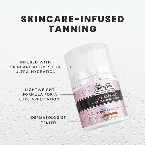 Image 1 - A product bottle labeled 2 HR EXPRESS FACE TANNING SERUM is shown, surrounded by water droplets, with text stating SKINCARE-INFUSED TANNING, INFUSED WITH SKINCARE ACTIVES FOR ULTRA-HYDRATION, LIGHTWEIGHT FORMULA FOR A LUXE APPLICATION, and DERMATOLOGIST TESTED.
              Image 2 - Image of a tanning serum bottle with a light pink label, text includes Expertly blended for a luxe tanning experience, Ultra-hydrating hyaluronic acid, nourishing B5 and soothing chamomile-extract, 100% Ecocert naturally derived DHA, and 2 HR express tanning technology, with the product name Loving Tan 2 HR Express Face Tanning Serum.
              Image 3 - Close-up image of a womans face showing a smooth complexion with glowing skin, accompanied by text that reads: FAST-ACTING RESULTS IN JUST 2 HOURS Rinse tinted colour guide off after 2 hours and see visible results. Your tan will continue to develop into a deeper, natural shade over the next 24 hours.