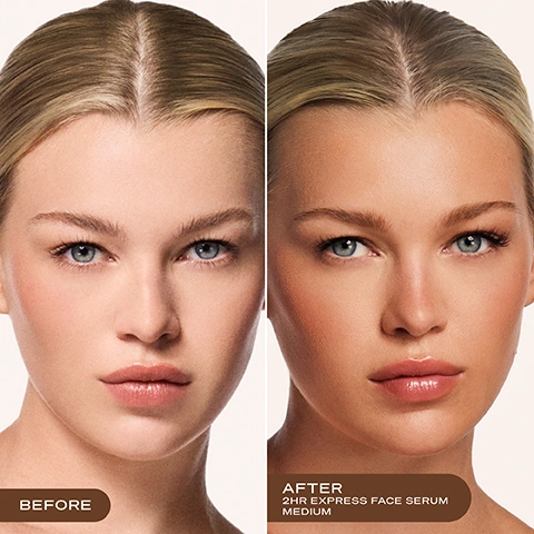 Image 2 - A split image shows a womans face with fair skin on the left and a medium tan on the right, labeled BEFORE and AFTER 2HR EXPRESS FACE SERUM MEDIUM. Image 3 - The image shows a product packaging transformation for Loving Tan 2 HR Express Face Tanning Serum, with the headline New Look, Same Iconic Formula and supporting text Your favourite self-tan has an elevated new look - but with the same bestselling formula you know and love; the original bottle on the left is white with a rose gold label and clear pump cap, displaying text Loving Tan, HYALURONIC ACID + B5, 2 HR EXPRESS, FACE TANNING SERUM, DERMATOLOGIST TESTED, SÉRUM BRONZANT POUR LE VISAGE, GESICHTSBRÄUNUNGSSERUM, MEDIUM, e 30mL / 1 fl oz; an arrow points to the new bottle on the right, which is entirely rose gold with an integrated pump and features text Loving Tan, 2 HR Express, Face Self-Tanning Serum, Sérum Bronzant Pour Le Visage, Gesichtsbräunungsserum, PROFESSIONAL STRENGTH, FOR THE MOST NATURAL-LOOKING TAN, MEDIUM, ●●O, e 30 ml (1.0 FL.OZ); a final message at the bottom states You may receive either package during this transformation. Image 4 - A dark brown, glossy background with reflections on the right, featuring text that reads: TINTED COLOUR GUIDE Tinted formula for an effortless, streak-free application. After rinsing, the clear actives continue to develop into your most natural-looking tan. Image 5 - A pink pump bottle of Loving Tan Face Self-Tanning Serum is displayed on a white surface, surrounded by descriptive text highlighting its features: Loving Tan 2 HR Express Face Self-Tanning Serum Serum Bronzant Pour Le Visage Gesichtsbräunungsserum PROFESSIONAL STRENGTH FOR THE MOST NATURAL-LOOKING TAN MEDIUM e 30 ML (1.0 FL OZ), 100% Ecocert naturally derived DHA, Infused with ultra-hydrating skincare actives, Hyaluronic acid, nourishing B5 and chamomile extract, Dermatologist tested, Lightweight formula. Image 6 - A woman with blonde hair, blue eyes, and glowing tanned skin holds a pink Loving Tan 2HR Express Face Self Tanning Serum bottle, with text in the image reading PROUDLY AUSTRALIAN MADE SKINCARD-INFUSED TANNING DESIGNED FOR FACE + DÉCOLLETAGE Loving Tan 2HR Express Face Self Tanning Serum With Hyaluronic Acid + Vitamin C For the body and face 30 ml 1 fl oz Made in Australia. Image 7 - A close-up of the right half of a womans tanned face with blonde hair, next to text that reads Face Tanning Tips, followed by two bullet points: Apply to clean and dry skin, free from moisturiser, and Skincare actives may fade your face tan faster than your body tan. Reapply as necessary to maintain your glow. Image 8 - A tanning instruction graphic on a light background shows a clock titled Tanning Time, with a segment marked 2 HRS Rinse off and another 24 HRS Tan development, and detailed text reading RINSE AFTER 2 HOURS, DARKENS/DEVELOPS INTO FINAL RESULT IN 24 HOURS After rinsing off the tinted colour guide, your colour continues to darken and develop for up to 24 hours into your final, natural-looking tan.