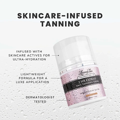 Image 1 - A skincare-infused face tanning serum bottle with a light pink design, featuring bullet points that say infused with skincare actives for ultra-hydration, lightweight formula for a luxe application, and dermatologist tested, all set against a backdrop of water droplets.
              Image 2 - Image of a bottle of tanning serum with a pink label, featuring text that states Expertly blended for a luxe tanning experience, Ultra-hydrating hyaluronic acid, nourishing B5 and soothing chamomile-extract, 100% ecocert naturally derived DHA, and 2 hr express tanning technology. The bottle is labeled Loving Tan with 2 HR EXPRESS FACE TANNING SERUM and instructions in English and French.
              Image 3 - A smiling woman with glowing skin is shown, accompanied by text that reads FAST-ACTING RESULTS IN JUST 2 HOURS Rinse tinted colour guide off after 2 hours and see visible results. Your tan will continue to develop into a deeper, natural shade over the next 24 hours.