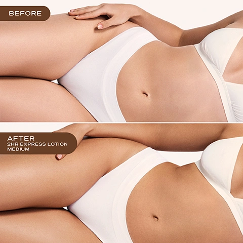 Image 2 - A before and after comparison of a persons midsection and upper thighs, showing lighter skin in the top image and a darker, tanned skin tone in the bottom image, with text labels BEFORE and AFTER 2HR EXPRESS LOTION MEDIUM. Image 3 - The image presents a comparison of two Loving Tan 2 HR Express lotion bottles, an older clear design with a pink and black label on the left and a newer opaque light pink design on the right, connected by an arrow, above which the text reads New Look, Same Iconic Formula Your favourite self-tan has an elevated new look - but with the same bestselling formula you know and love, while between the bottles the text states You may receive either package during this transformation. The label on the left bottle clearly displays Loving Tan ANTIOXIDANTS + VITAMIN E 2 HR EXPRESS TANNING LOTION ULTRA-HYDRATING DERMATOLOGIST TESTED, and the label on the right bottle reads Loving Tan 2 HR Express Self-Tanning Lotion Lotion Autobronzante Selbstbräunungslotion MEDIUM Professional Strength FOR THE MOST NATURAL-LOOKING TAN. Image 4 - A glossy brown liquid surface with reflections, displaying the text: TINTED COLOUR GUIDE Tinted formula for an effortless, streak-free application. After rinsing, the clear actives continue to develop into your most natural-looking tan. Image 5 - A persons smooth, tanned legs are displayed against a light background, alongside text that reads SKINCARE-INFUSED TANNING PERFECT FOR A YEAR-ROUND GLOW, and a circular emblem stating PROUDLY AUSTRALIAN MADE with an outline of Australia. Image 6 - A close-up of a pink bottle of Loving Tan 2 HR Express Self-Tanning Lotion with dark brown product dispensed from the pump, surrounded by text highlighting features: Loving Tan, 2 HR Express, Self-Tanning Lotion, Lotion Autobronzante, Selbstbräunungslotion, Professional strength, 100% Ecocert naturally derived DHA, Enriched with antioxidants, vitamin E + shea butter, Ultra hydrating formula, Dermatologist tested. Image 7 - Image shows the back of a persons torso and arm wearing light underwear, with text that reads Clinically Proven Results: 95% Saw an increase in skin hydration. 95% Said this product was great for all skin types. 91% Said they looked radiant and bronzed after use. Based on a clinical trial of 22 participants immediately after the first application. Image 8 - A graphic titled Tanning Time shows a clock face with a brown outer ring and a pink segment, indicating 2 HRS Rinse off and 24 HRS Tan development, followed by the text RINSE AFTER 2 HOURS, DARKENS/DEVELOPS INTO FINAL RESULT IN 24 HOURS, and After rinsing off the tinted colour guide, your colour continues to darken and develop for up to 24 hours into your final, natural-looking tan.