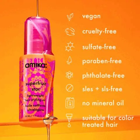superfruit star lightweight hair styling of huile coiffante ultralégère 50 ML/TUS FLC vegan cruelty-free sulfate-free paraben-free phthalate-free sles + sls-free no mineral oil suitable for color treated hair. before, after. karina applied superfruit star
              to damp hair before blow drying. pro tip for curly + textured hair after you set the hair, press oil into strands to break up the curl cast
              for the best shine and definition. Before, after. Heather applied superfruit star to dry hair before heat styling. before, after. Victoria applied superfruit star to dry hiar before heat styling. before, after. Ceci applied superfruit star to damp hair then diffused until dry. 