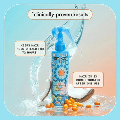 Clinically proven results. Keeps hair moisturised for 72 hours. hair is 3x more hydrated after one use. Hyaluronic acid - attracts moisture. Bio-Fermented coconut water - adds natural hydration. Squalane - helps protect from moisture loss. Polyglutamic acid - promotes moisture retention. Blue/green algae - provides vitamins + amino acids. Before/After images. After one use 95% said leave-in provided long-lasting hydration. 96% agreed leave-in reduced frizz. 91% said leave-in felt lightweight + non-greasy. For hair experiencing dryness, detangles, reduces frizz and deeply moisturizes hair. Vegan, cruelty free, paraben free, SLS + SLES free, colour safe, silicone free, sutiable for chemically treated hair