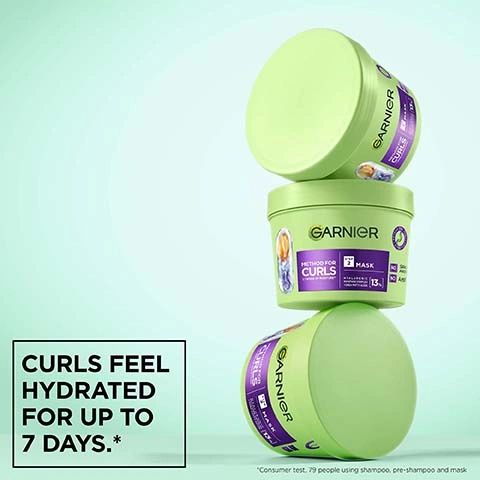 Image 2 - A stack of three light green Garnier Method for Curls 3 Mask tubs on a blue-green background, with text that reads GARNIER METHOD FOR CURLS 3 MASK HYALURONIC ACID & SHEA BUTTER +13% 390ml NO SILICONES NO ANIMAL DERIVED INGREDIENTS VEGAN FORMULA, and also CURLS FEEL HYDRATED FOR UP TO 7 DAYS.*, with a note *Consumer test, 79 people using shampoo, pre-shampoo and mask.