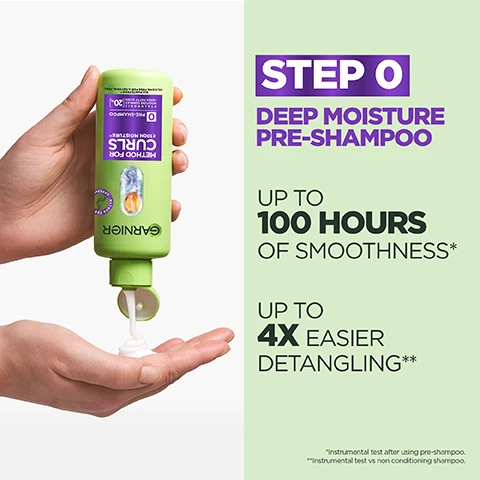 Image 2 - A hand squeezes green Garnier Method for Curls Deep Moisture Pre-Shampoo into another hand, with text beside it reading STEP 0 DEEP MOISTURE PRE-SHAMPOO, UP TO 100 HOURS OF SMOOTHNESS*, UP TO 4X EASIER DETANGLING**, and fine print *instrumental test after using pre-shampoo. **instrumental test vs non conditioning shampoo. Image 3 - The image displays a light green background with a clear capsule on the right filled with liquid, green specks, and white, red, and purple spheres, next to large purple text 20% and black text HYALURONIC ACID + SHEA BUTTER LOCKS IN MOISTURE, HYDRATES HAIR & SEALS DAMAGED CUTICLES. Image 4 - A light green Garnier bottle with a purple label for Method for Curls 0 Pre-Shampoo featuring hyaluronic acid and shea fatty acids is shown, with additional text stating No Silicones For A Natural Feel, No Sulphates*, No Artificial Colourants, Sulphate Free*, Silicone Free For A Natural Feel, and *Sulphate Surfactant.