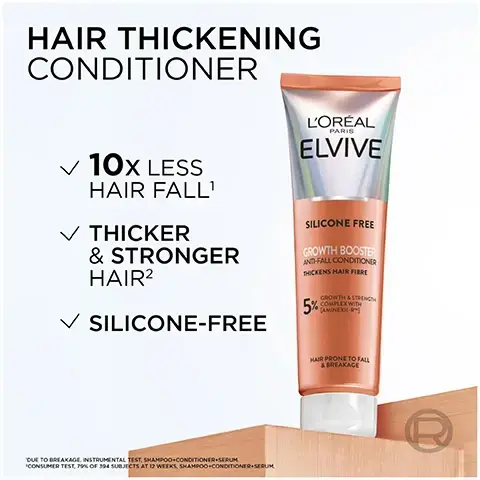 Image 1 - A tube of LOréal Paris Elvive Hair Thickening Conditioner with a peach and white design, featuring text that states 10x less hair fall, thicker & stronger hair, and silicone-free, along with growth booster and anti-fall conditioner labels.
              Image 2 - Image shows a stylized capsule containing liquid, with elements resembling pearls and a drop of liquid, labeled BREAKTHROUGH FORMULA, AMINEXIL-R, NIACINAMIDE + GINGER EXTRACT, and the text REINFORCES HAIR FIBRES & PROLONGS HAIRS LIFE CYCLE.
              Image 3 - A comparison image showing hair restoration results after 12 weeks, with two Before images of individuals with thinning hair at the top and two After images showing improved hair volume at the bottom, including clinical study details at the bottom. Image 4- A woman with wavy brown hair and a man with curly black hair pose together, with the womans face prominently featured and a hair care product from LOréal Elvive in front, displaying the text UP TO 10X LESS HAIR LOSS YOURE WORTH IT.