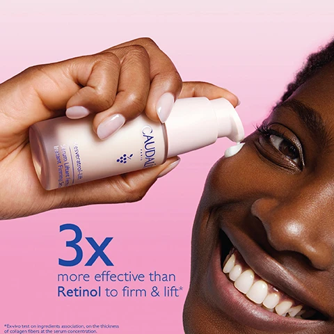 Image 1 - A woman with a radiant smile applies a serum to her cheek while holding the bottle labeled CAUDALÍE Resveratrol Lift Serum, with the text 3x more effective than Retinol to firm & lift below.
              Image 2 - A woman with light skin and blue eyes applies a cream to her cheek while holding a jar of Caudalie Resveratrol-Lift Firming Cashmere Cream, with the text 98% Firmer skin in less than 3 weeks.
              Image 3 - A smiling woman with dark skin holds a tube of Caudalie Resveratrol-Lift Firming Eye Gel Cream near her face, with text displaying x5 collagen production and x2 hyaluronic acid production.