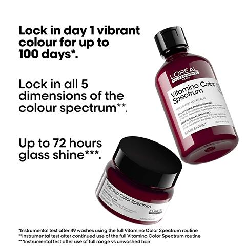 Image 1 - Image shows LOréal Professionnel products including a shampoo bottle and a treatment jar, with text highlighting benefits: Lock in day 1 vibrant colour for up to 100 days, Lock in all 5 dimensions of the colour spectrum, and Up to 72 hours glass shine.
              Image 2 - Image features a bottle of LOréal Professionnels Vitamino Color Spectrum hair serum with colorful bubbles surrounding it, text highlights benefits such as protecting hair against UV damage, anti-frizz, and heat protection up to 230°C.
              Image 3 - A woman with long, shiny, vibrant hair is shown against a black background, with text outlining five color dimensions: 01 Shine: High Glass shine, 02 Rich, vibrant colours, 03 Contrast: Optimal perception between multiple shades, 04 Tone: Helps neutralise unwanted reflects, 05 Brightness: Level of brightness and darkness are well preserved, followed by a note about instrumental tests.
              Image 4 - A colorful abstract image of a swirling liquid, featuring the text THE TECH Ferulic Acid + Citric Acid 2,5% Locks dyes into the fiber*. with a footnote stating *With full Vitamino Color Spectrum system.
              Image 5 - A comparison image showing two sets of hair transformations labeled Before and After, featuring straight vibrant pink hair and curly blonde hair, along with hair products below and the text Vitamino Color Spectrum for all colored hair.
              Image 6 - Image shows three hair care products from LOréal Professionnel Paris with visible text that reads The anti-fading professional routine, along with numbered steps for product use: 01 Cleanse, 02 Moisturise, and 03 Shine.
              Image 7 - A smiling person with short hair stands with their arms crossed, wearing a black t-shirt; the image includes the text Pro favorites. Instant transformation. Hair looks luminous, shiny, strong & moisturized. @marlonjhawkins Marlon Hawkins.
              Image 8 - An artistic arrangement of citrus fruits, vibrant red flowers, and wooden elements, with visible text reading The fragrance, Citrus notes, Rose, Crunchy rhubarb, and Creamy sandalwood.