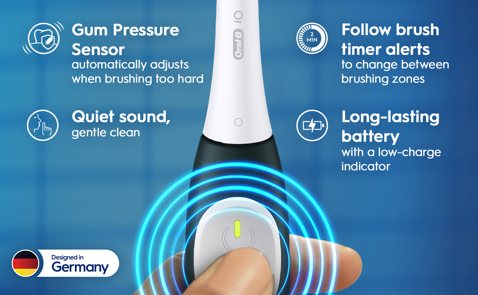 Image 4 - An electric toothbrush handle is shown with features highlighted, including a gum pressure sensor, quiet sound, a brush timer, and a long-lasting battery, alongside the text Designed in Germany and a circular indicator of two minutes.