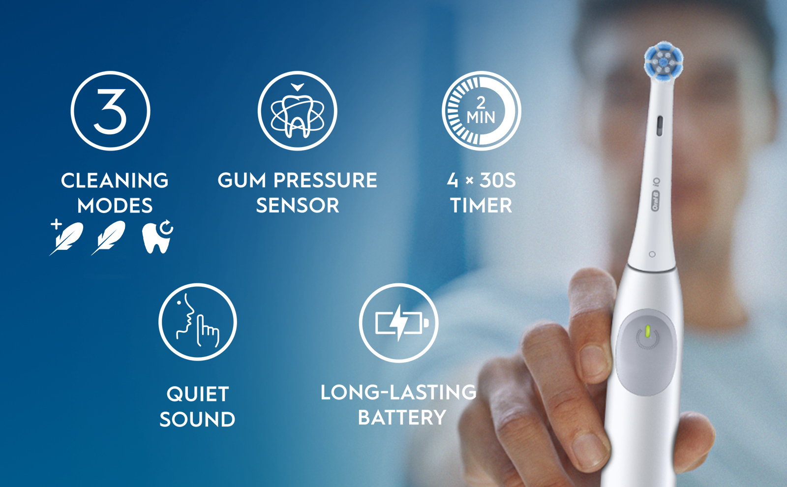 Features of the Oral-B iO2 electric toothbrush: 3 cleaning modes, gum pressure sensor, 2-minute timer, quiet sound, and long-lasting battery.