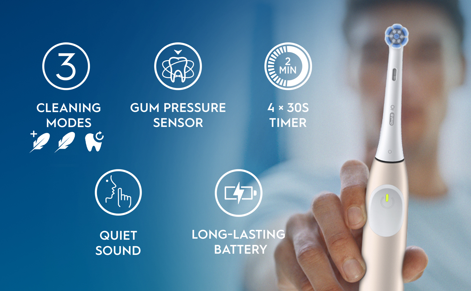 Features of the Oral-B iO2 electric toothbrush: 3 cleaning modes, gum pressure sensor, 2-minute timer, quiet sound, and long-lasting battery.
