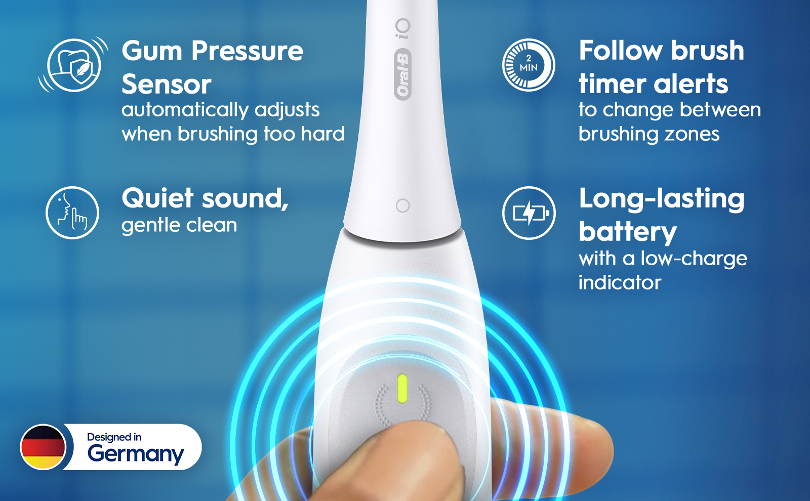 Image 4 - An electric toothbrush handle is shown with features highlighted, including a gum pressure sensor, quiet sound, a brush timer, and a long-lasting battery, alongside the text Designed in Germany and a circular indicator of two minutes.