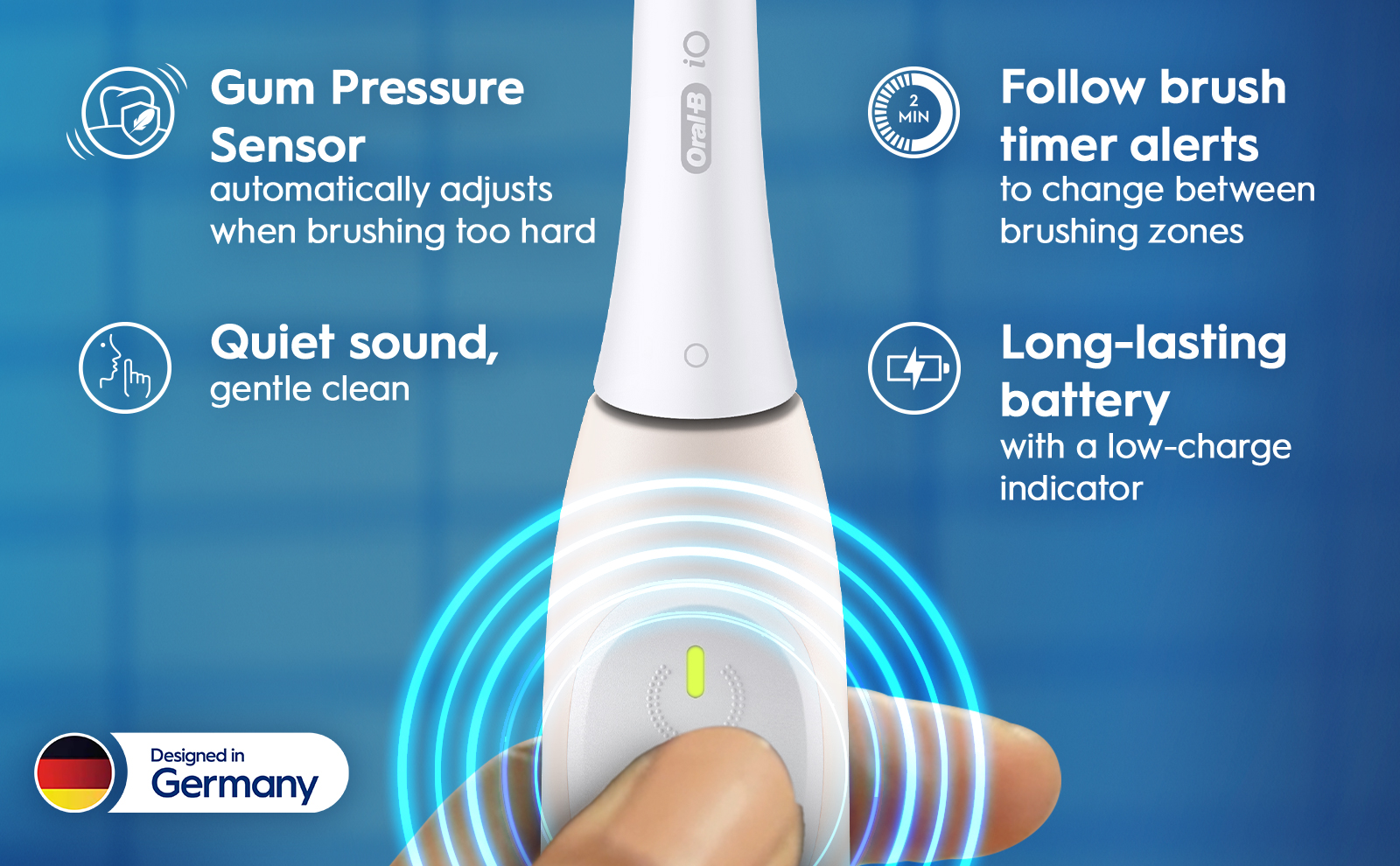 Image 4 - An electric toothbrush handle is shown with features highlighted, including a gum pressure sensor, quiet sound, a brush timer, and a long-lasting battery, alongside the text Designed in Germany and a circular indicator of two minutes.