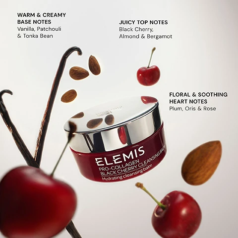 Image 3 - A jar of ELEMIS Pro-Collagen Black Cherry Cleansing Balm is shown with surrounding ingredients like almonds and cherries, along with text describing warm and creamy base notes, juicy top notes, and floral and soothing heart notes.
              Image 4 - Image shows three skincare products arranged on a reflective surface with a gradient background: a cleanser in a red jar labeled ELEMIS PRO-COLLAGEN BLACK CHERRY CLEANSING BALM, a blue serum bottle labeled ELEMIS PRO-COLLAGEN FUTURE RESTORE SERUM with text describing it as Advanced firming complex, and a pink moisturizer jar labeled ELEMIS Superfood Midnight Facial, with text indicating a step-by-step routine with steps for cleanser, serum, and moisturizer.
              Image 5 - A jar of ELEMIS Pro-Collagen Black Cherry Cleansing Balm is placed among fresh black cherries, with a cherry on top, and visible text includes STARFLOWER OIL nourishes to promote healthy skin, PADINA PAVONICA known to enhance hydration, and ROSE & MIMOSA WAX natural oils soften skin.