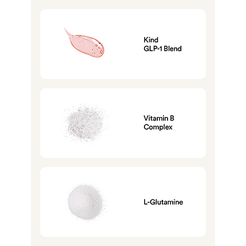 Image 1 - Image shows three sections containing different substances: a pink gel labeled Kind GLP-1 Blend, a white powder labeled Vitamin B Complex, and a white granule labeled L-Glutamine.