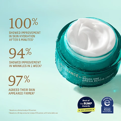 Image 1 - A teal jar of Biossance Squalane Omega Repair Cream is shown with a white cream inside, alongside statistics reading 100% showed improvement in skin hydration after 5 minutes, 94% showed improvement in wrinkles in 1 week, and 97% agreed their skin appeared firmer, with small text indicating the study details and award logos at the bottom.
              Image 2 - A green background features stylized seaweed, with text promoting a partnership between Biossance and Oceana, stating their commitment to ocean conservation and mentioning that 5% of proceeds from the product goes to Oceana.
              Image 3 - A turquoise background features underwater images of sharks with a circular inset showing a jar and a lid of Biossance Omega Repair Cream, accompanied by text that reads BIOSSANCE:. × OCEANA and SINC 2020, WEVE PARTNERED WITH OCEANA, THE WORLDS LARGEST INTERNATIONAL ADVOCACY ORGANIZATION FOCUSED ON PROTECTING AND RESTORING OUR OCEANS.
              Image 4 - Close-up of skin care ingredients including sugarcane squalane, aloe vera, and various droplets of liquids with text indicating their benefits: sugarcane squalane replenishes skin with weightless moisture, multi-weight hyaluronic acid delivers multi-layer hydration, and omega fatty acids plus ceramides deeply nourish and strengthen skins moisture barrier.
              Image 5 - Image shows four moisturizer products with their descriptions: Omega Repair Cream for dry to mature skin, Probiotic Gel Moisturizer for oily to combination skin, Vitamin C Rose Moisturizer for normal to dry skin, and Ectoin Overnight Rescue for all skin types, along with their respective textures and key benefits. The title reads FIND YOUR MOISTURE MATCH.