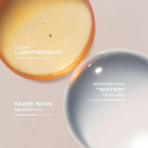 Image 1- Two circular samples of skincare products are displayed on a light background; the top sample is a light golden color labeled ULTRA LIGHTWEIGHT, and the bottom sample is a translucent blue-gray labeled REFRESHING WATER TEXTURE, with the phrase NUDE SKIN SENSATION appearing below.
              Image 2 - A close-up of a womans arm, displaying her skin against a blue background, with instructions for using a product that read: 1 SHAKE WELL TO PREP, 2 SPRAY ALL OVER BODY AND BLEND IN SEAMLESSLY, 3 REAPPLY REGULARLY TO STAY PROTECTED.
              Image 3 - Image shows two bottles of Lancaster Sun Beauty sunscreen, with the left bottle labeled Fast Tan Optimizer and featuring an orange background, and the right bottle labeled 50 SPF HIGH PROTECTION with a new pack indicator.