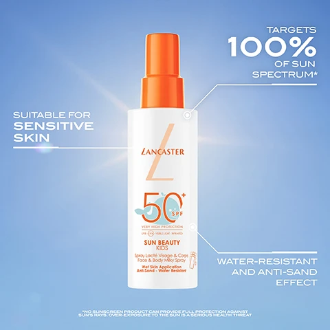 Image 1 - A bottle of Lancaster Sun Beauty Kids spray sunscreen with an orange cap and white body is displayed against a blue sky, featuring text that reads suitable for sensitive skin, targets 100% of sun spectrum, 50+ SPF very high protection, sun beauty kids, spray lacté visage & corps face & body milky spray, wet skin application, anti-sand, and water-resistant.
              Image 2 - A bottle of Lancaster Sun Beauty Kids SPF 50+ sunscreen with an orange pump top is shown next to a white cream blob on a light background, featuring text stating 100% feel an immediate hydrating sensation and 100% agree skin is efficiently protected.
              Image 3 - A person is applying sunscreen to the back of a childs shoulder, with text that reads APPLY GENEROUSLY ALL OVER THE BODY ON WET OR DRY SKIN BEFORE SUN EXPOSURE.
