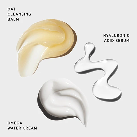 Image 1 - A flat lay of three skincare products: a dollop of yellow oat cleansing balm on the top left, a shiny silver hyaluronic acid serum in the center, and a smooth white omega water cream at the bottom left, with labels stating OAT CLEANSING BALM, HYALURONIC ACID SERUM, and OMEGA WATER CREAM.
              Image 2 - Image shows three skincare products arranged on a white background: Oat Cleansing Balm, Hyaluronic Acid Serum, and Omega Water Cream, with text above stating Clinically-tested 3 steps for hydrated, healthier-looking skin, and descriptions below each product: 1 CLEANSE - Oat Cleansing Balm, Melt away makeup in one swipe; 2 TREAT - Hyaluronic Acid Serum, Non-tacky hydrating super serum; 3 MOISTURIZE - Omega Water Cream, Lightweight drench of hydration.
              Image 3 - Image of a product promotion featuring a sachet of Ectoin Hydro-Barrier Serum, with text indicating it includes a free sample, and additional text stating it is clinically proven to hydrate and strengthen the skin barrier in 15 minutes, along with a disclaimer about a clinical study of 31 people.
