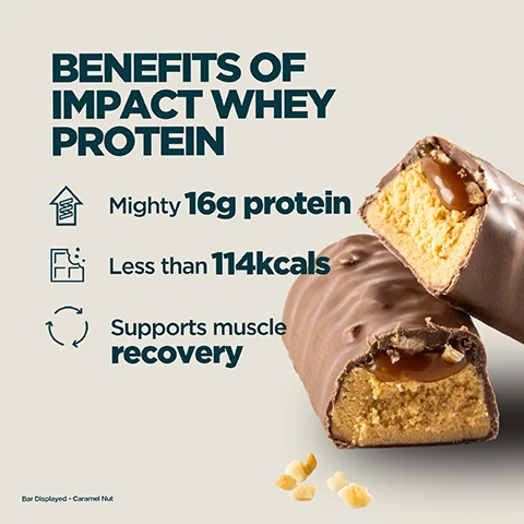 Image 1 - The image shows two chocolate-covered protein bars, one whole and one cut open revealing a caramel and nut filling, with text listing Benefits of Impact Whey Protein: Mighty 16g protein, Less than 114kcals, Supports muscle recovery, and at the bottom, Bar Displayed - Caramel Nut. Image 2 - Three stacked, cut-open snack bars revealing various coatings, fillings, and caramel layers, with the text 3 DELICIOUS FLAVOURS. Image 3 - A person in a blue top holds a broken white chocolate and chocolate chip covered protein bar with a brown interior, overlaid with text that reads 20 YEARS OF RELENTLESS REFINEMENT, Expertly crafted by nutritionists, Quality assured by independent testers, Formulas refined by real research, produced at Myproteins outstanding facilities.