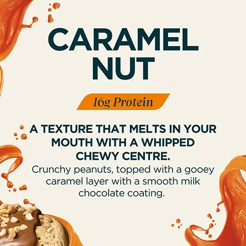 Image 1 - Promotional image for a protein bar naming competition showing a protein bar with chocolate, nuts, and caramel sauce, and the text INCREDIBLE TO EAT IMPOSSIBLE TO NAME INSERT NAME HERE: 16g PROTEIN PER BAR MYPROTEIN We tried. We failed, We need your help! ENTER THE COMPETITION FOR YOUR CHANCE TO WIN.
Image 2 - Image shows caramel splashes and a treat visible, with the text Caramel Nut 16g Protein A TEXTURE THAT MELTS IN YOUR MOUTH WITH A WHIPPED CHEWY CENTRE Crunchy peanuts, topped with a gooey caramel layer with a smooth milk chocolate coating.
Image 3 - An image with orange caramel splashes and a close-up of a chocolate product with text DOUBLE DARK CHOCOLATE 16g Protein A TEXTURE THAT MELTS IN YOUR MOUTH WITH A WHIPPED CHEWY CENTRE. Deep cocoa flavour with chocolate chips, a soft centre and gooey caramel, finished with a dark coating for extra richness.
Image 4 - Orange splashes surround text describing a white chocolate cookie with a close-up of the cookie substance being splashed reading WHITE CHOCOLATE COOKIE 16g Protein A TEXTURE THAT MELTS IN YOUR MOUTH WITH A WHIPPED CHEWY CENTRE Chunky inclusions of cookie, topped with a gooey caramel layer and wrapped in a delicious white chocolate coating.
