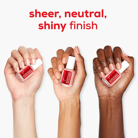 Image 1 - Three hands of different skin tones hold bottles of red nail polish with the text sheer, neutral, shiny finish displayed above them.
              Image 2 - A bottle of Essie nail polish with a white cap against a red background, alongside the text that reads improves visible signs of UV gel damage in 5 days.
              Image 3 - A close-up image of a nude-colored nail polish on a fingernail, with a shiny top coat, positioned against a red background, featuring the text thick overlay of protection.
              Image 4 - A bottle of Essie nail treatment is shown on a red background, with text highlighting its benefits: instantly seals peeling surface, protects against splitting, and thickens nail appearance.