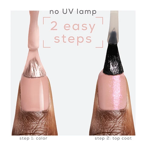 Image 1 - A close-up image shows two nails with nail polish applied; the left nail has a light pink color, while the right nail is topped with a shimmery pink coat, and the text states no UV lamp and 2 easy steps with step 1: color and step 2: top coat below.
              Image 2 - Image shows three bottles of Essie nail polish in a metallic glaze collection with a pink background, labeled as top coats, featuring the text up to 15 days of wear* with re-application of top coat at day 7 and metallic glaze top coats.
              Image 3 - A hand displaying four different nail polish colors, including a pink bottle labeled essie and text indicating options for top coats, with the descriptions shiny top coat, glazed chrome, crushed gold, and blushed metal next to the respective colors.